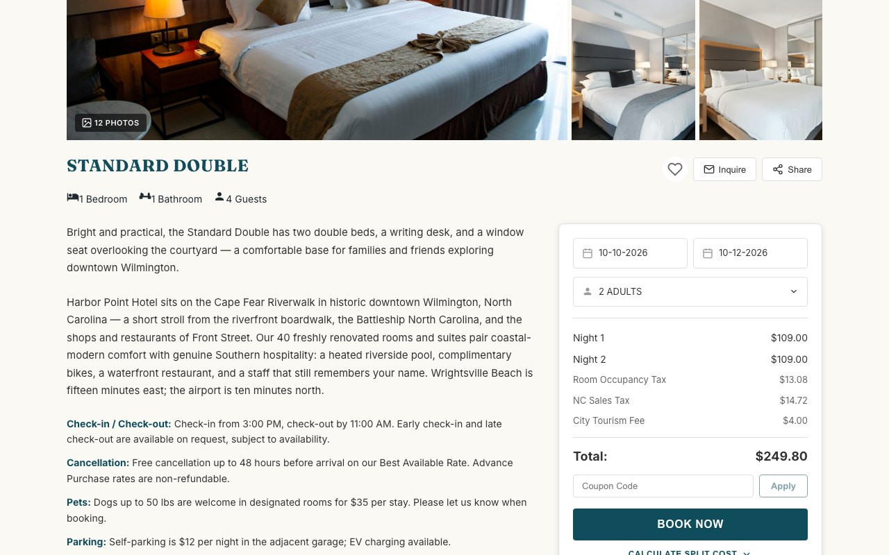 Booking sidebar with guest details, coupon code and card payment