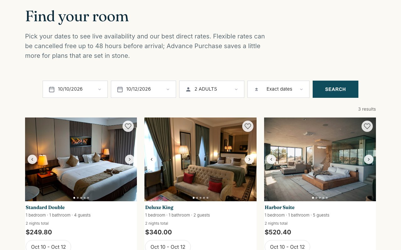 Website results grid showing available rooms with photos and nightly rates
