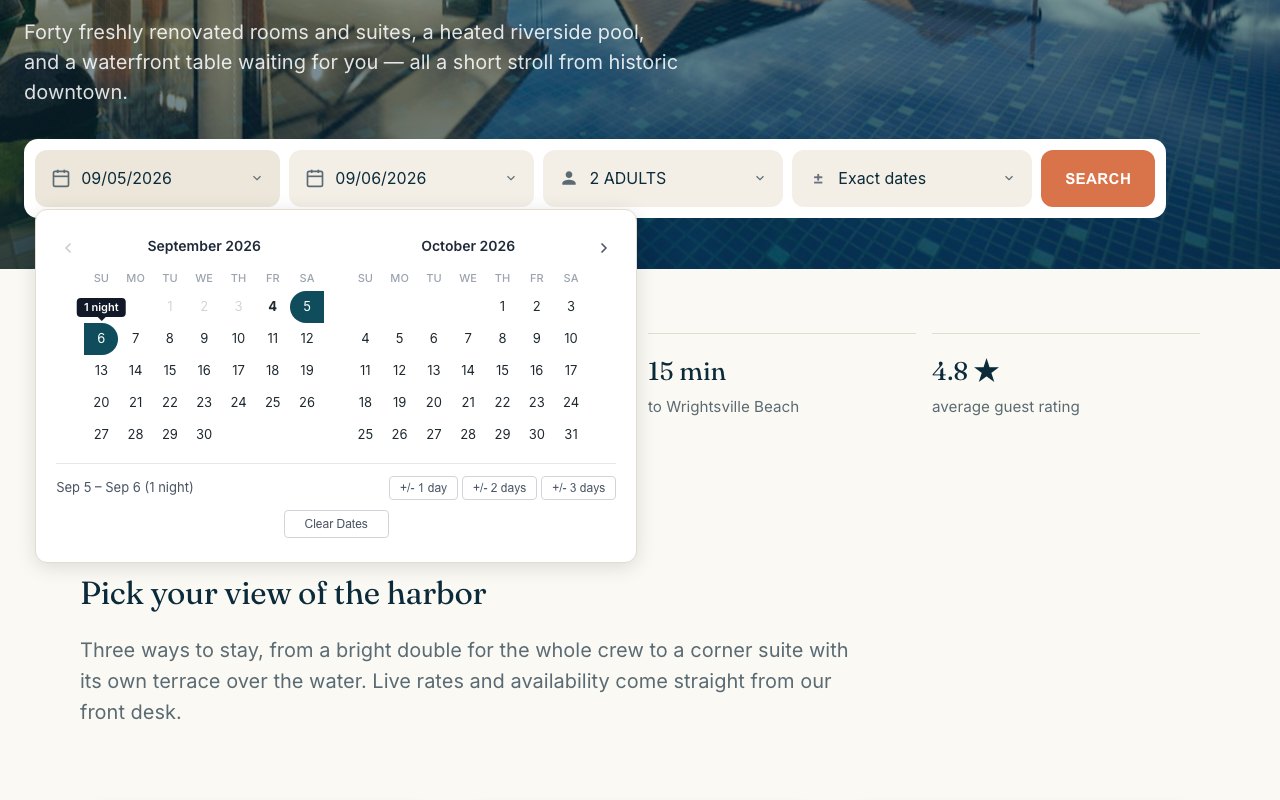 Search bar with flexible dates and an availability calendar