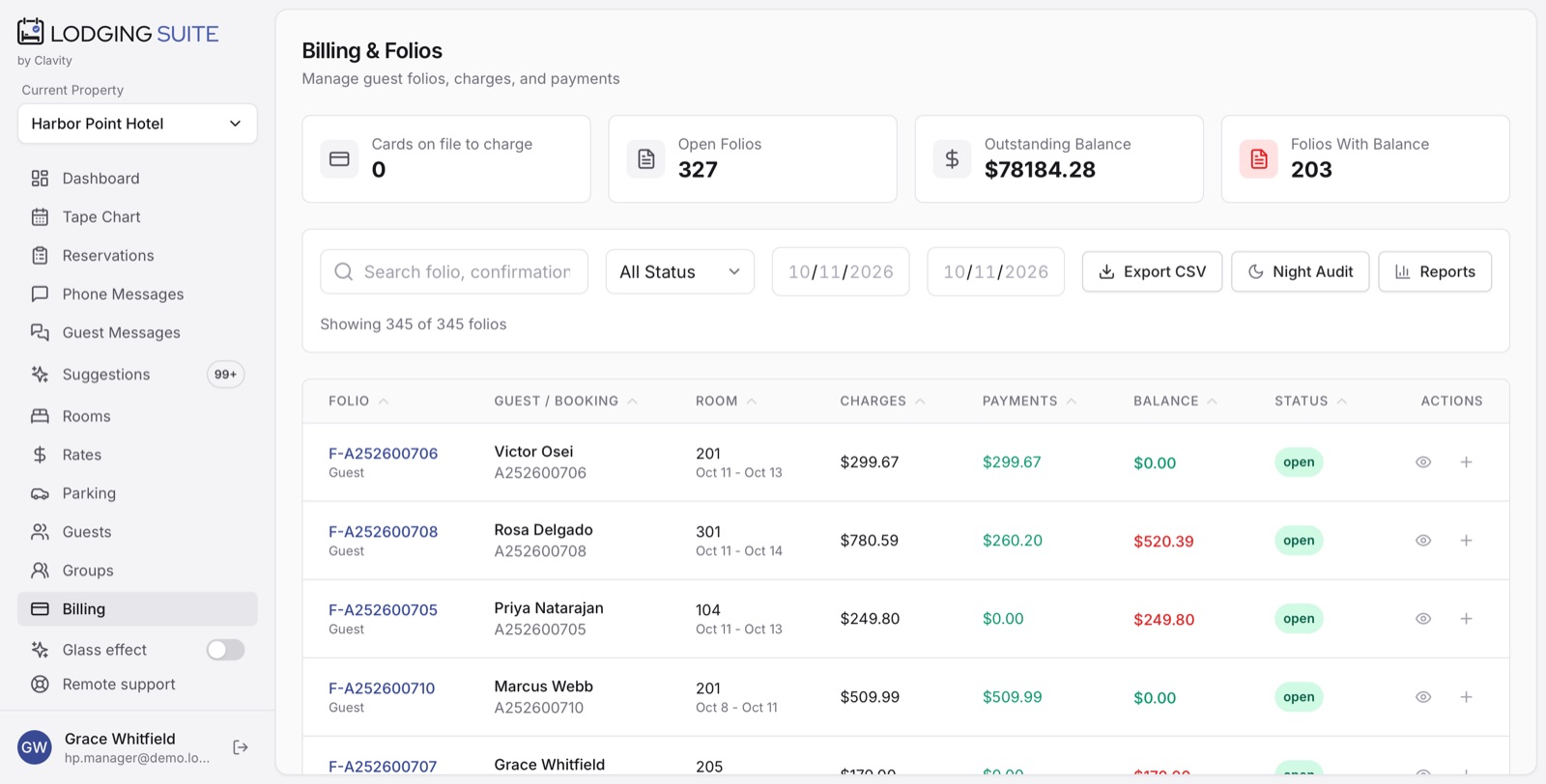 Billing and folios list with charges, payments and balances