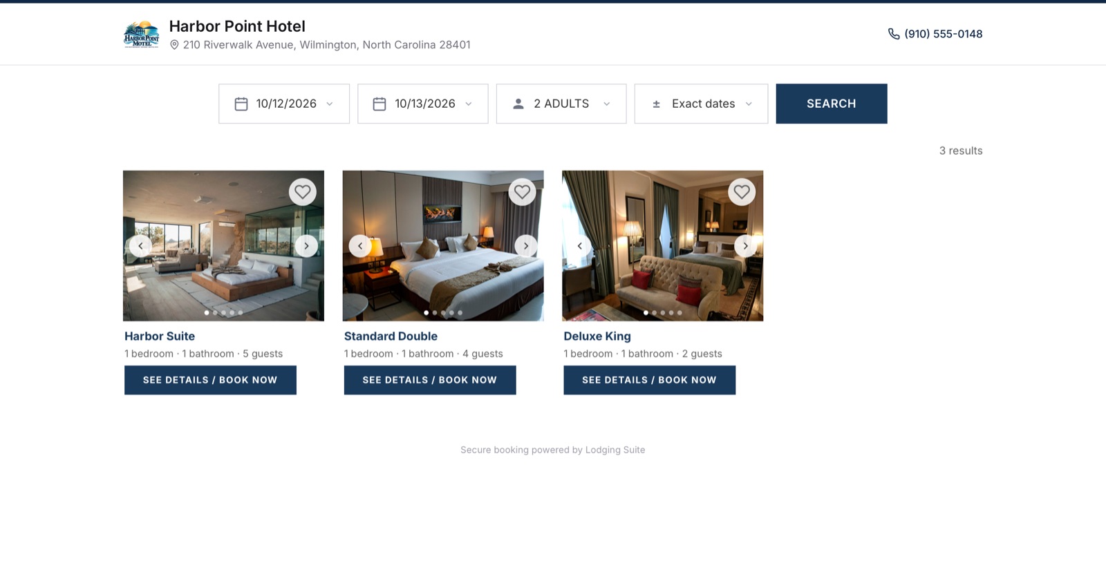 Hosted booking page for Harbor Point Hotel with search and room cards