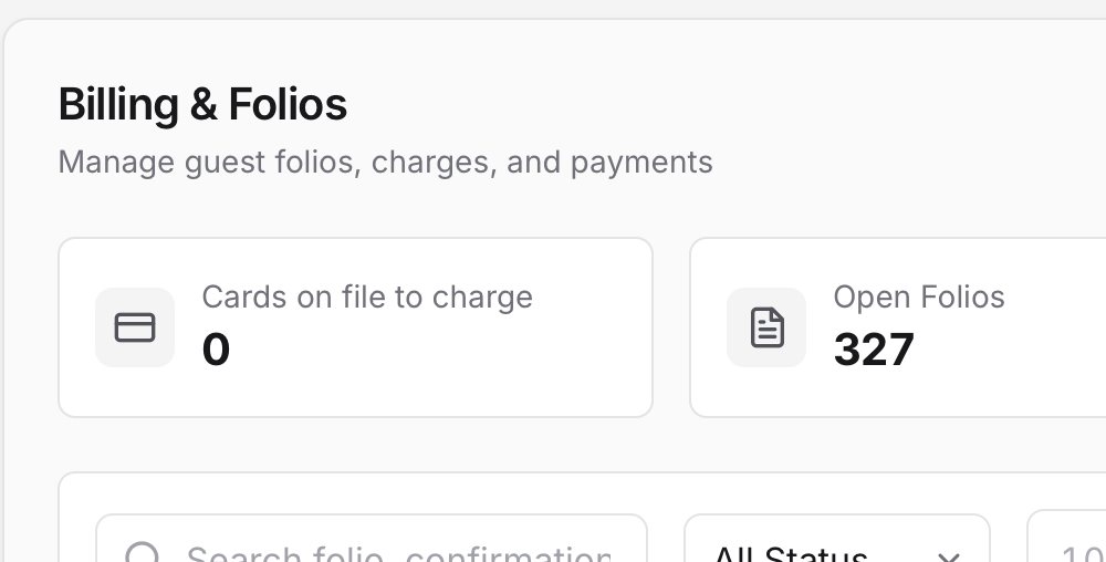Billing and folios list with charges, payments and balances