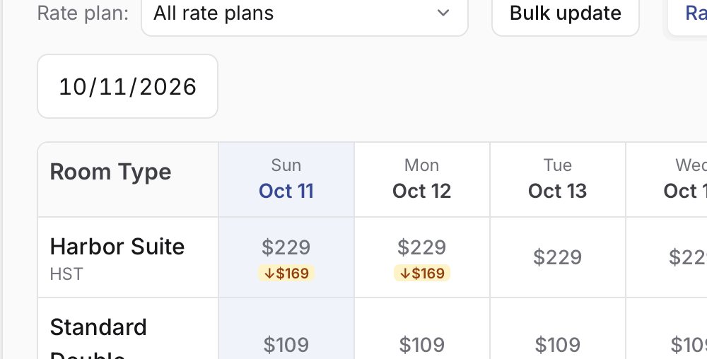 Rate calendar showing nightly rates per room type across two weeks