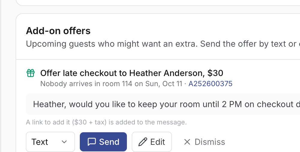 Suggestions with AI-written add-on offers ready to send by text or email