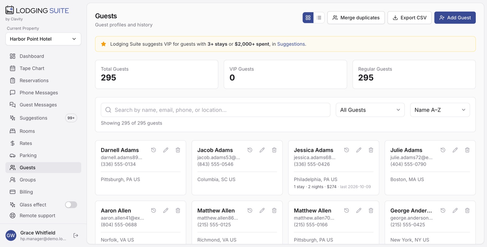 Guest profiles with contact details and stay counts