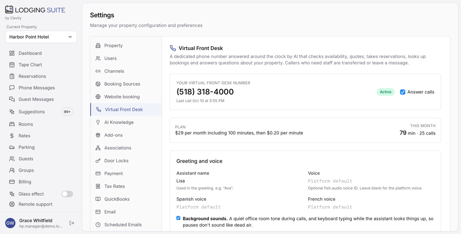 Virtual Front Desk settings: number, greeting, voice and transfer hours