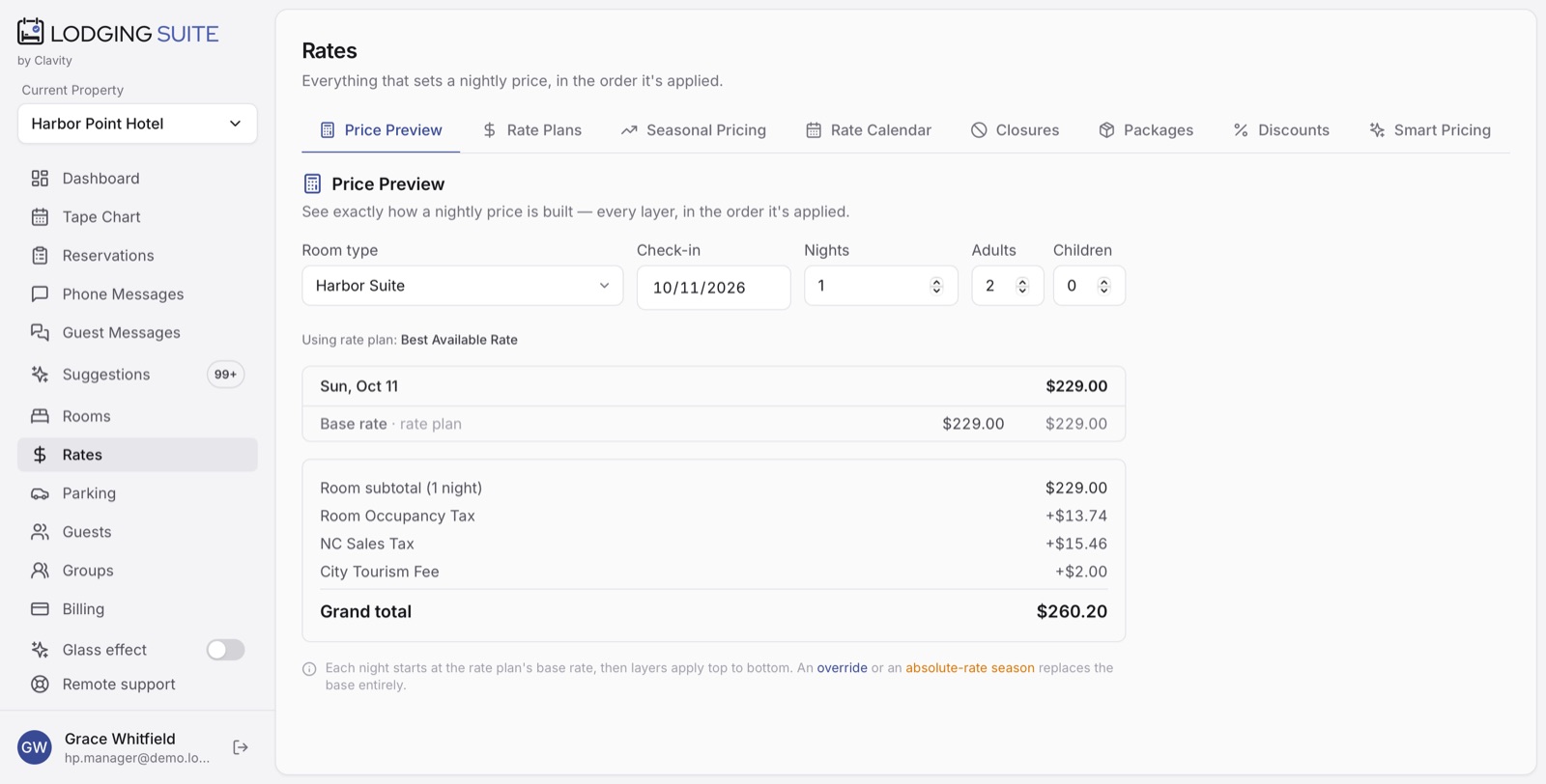 Price preview showing base rate, taxes and fees for a night