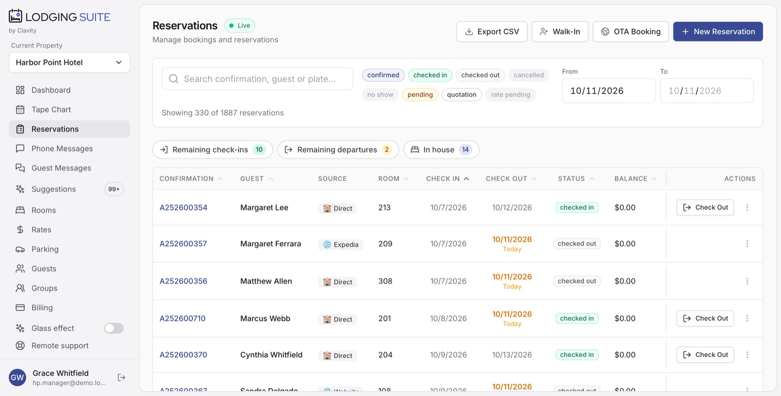 Reservations list with confirmation numbers, sources, rooms, dates, status and balance