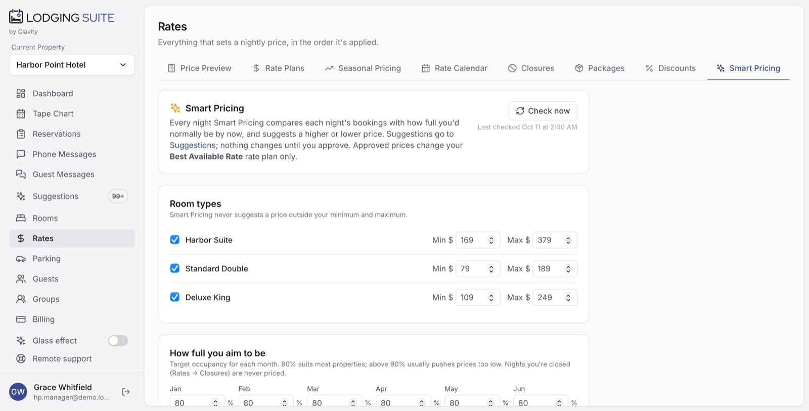 Smart Pricing settings: room types with minimum and maximum prices, and target occupancy by month