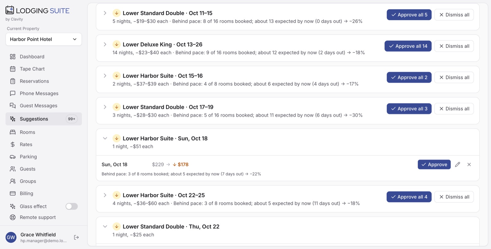 Smart Pricing suggestions grouped into runs of nights, each with the reason and Approve all