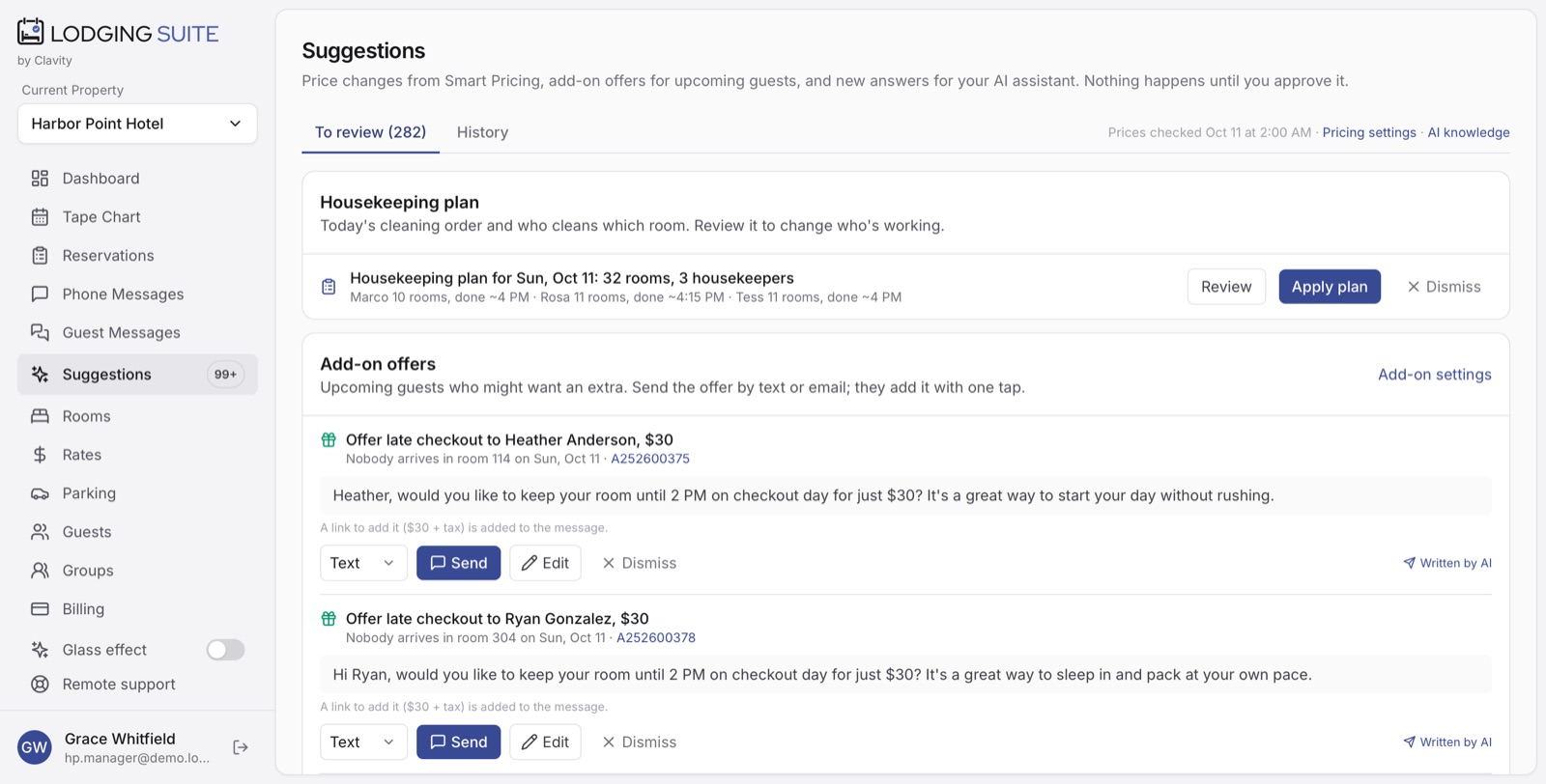 Suggestions with the housekeeping plan and AI-written add-on offers ready to send